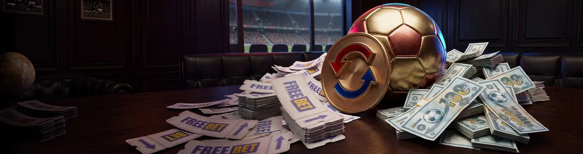 Pallone dorato con mazzette di freebet sul tavolo: promozioni e reload BetScore