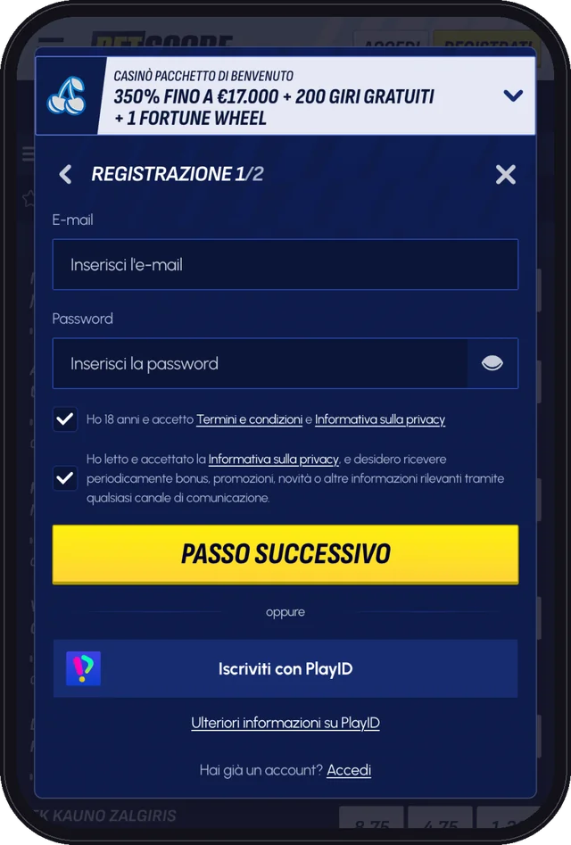 Registrazione BetScore da mobile, passo 2: modulo con e-mail, password, consenso 18+ e iscrizione con PlayID